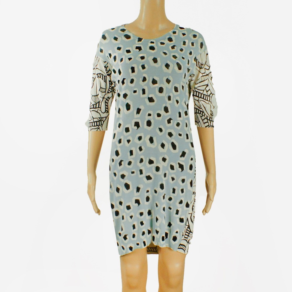 Escada Blue White Geometric Abstract Print Short Sleeve Dress
